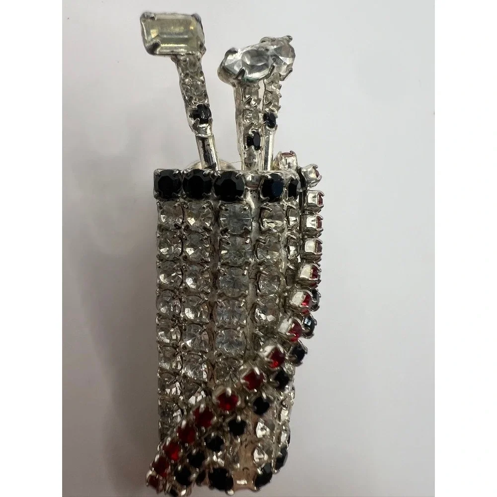 Vintage Dorothy Bauer Golf Bag Pin Rhinestone Red Black‎ Novelty Brooch 80s Chic
